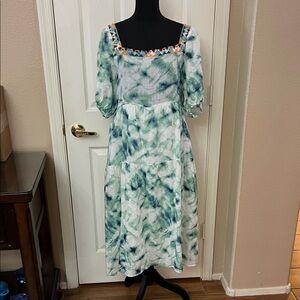 Johnny Was Green and White Long Sleeve Dress